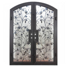Load image into Gallery viewer, Double entryway doors made with a thick iron and steel frame, a single full pane of glass behind an intricate iron design on each door, and a slight arch on top. Door is thermally broken to protect from extreme weather.