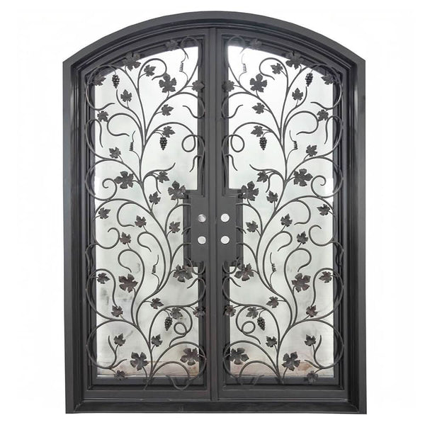 June bronze colored iron entry door with arched top.