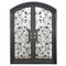 Double entryway doors made with a thick iron and steel frame, a single full pane of glass behind an intricate iron design on each door, and a slight arch on top. 