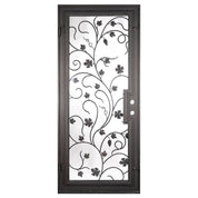 June Black exterior cold rolled metal flat top single door with glass insert.