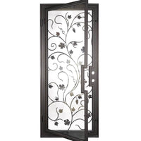 Single entryway door with a thick iron and steel frame and an intricate iron pattern in front of a full panel of glass. Door is thermally broken to protect from extreme weather.