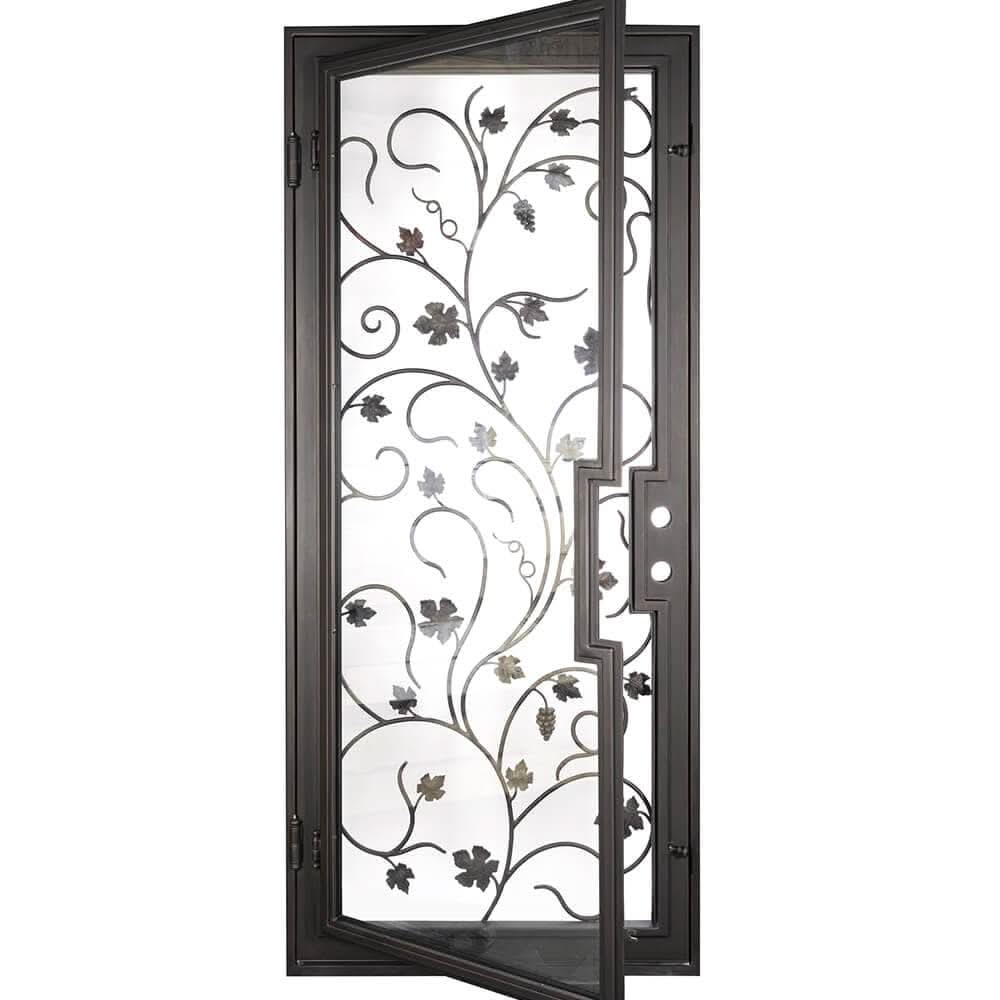 June Black iron flat top single front door with energy efficient glass.