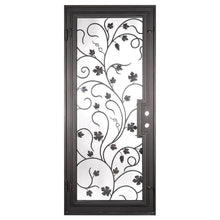 Load image into Gallery viewer, Single entryway door with a thick iron and steel frame and an intricate iron pattern in front of a full panel of glass. Door is thermally broken to protect from extreme weather.