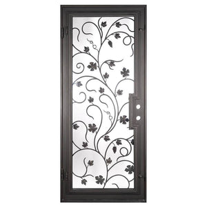 Single entryway door with a thick iron and steel frame and an intricate iron pattern in front of a full panel of glass. Door is thermally broken to protect from extreme weather.