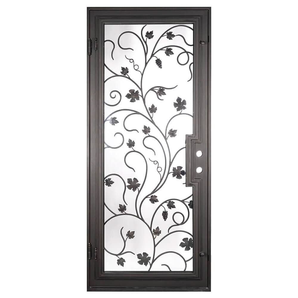 June Bronze color metal flat top single entry door with dual-pane glass.