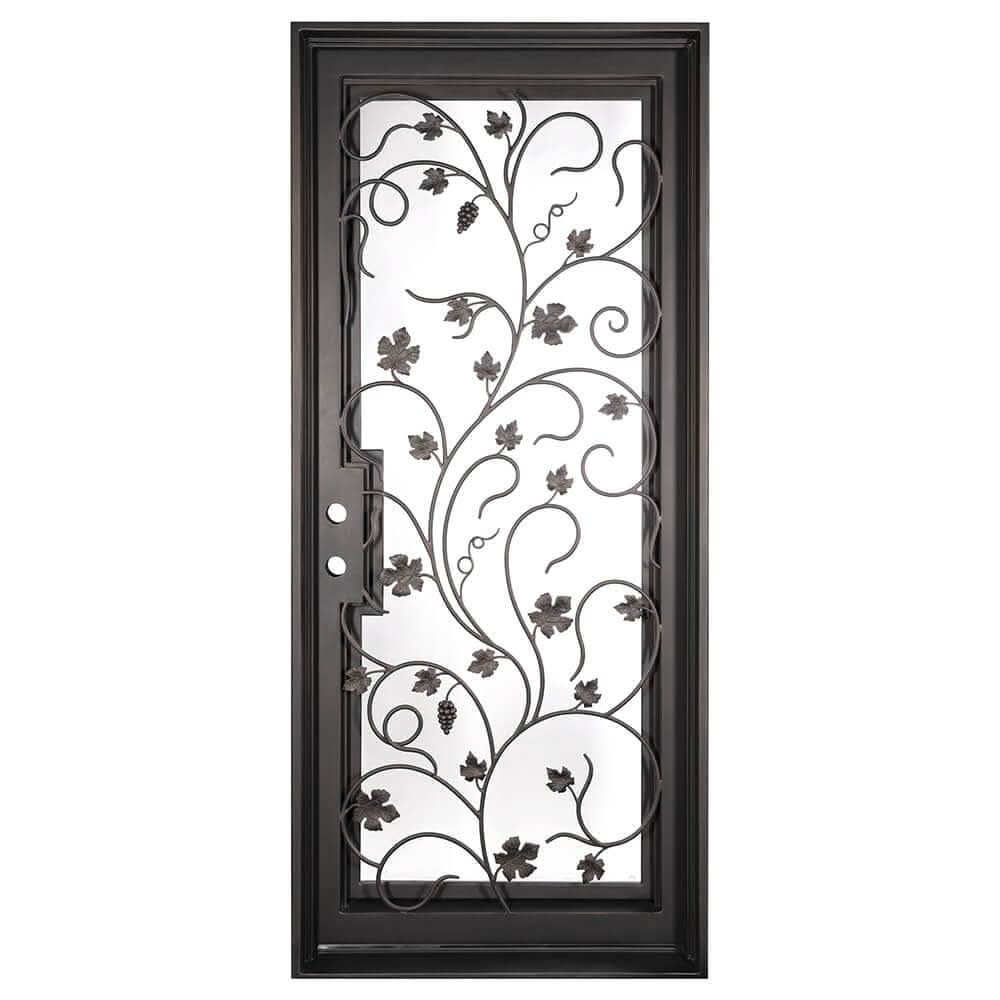 June square top single flat door thermally broken with hand forged scrollwork in black.