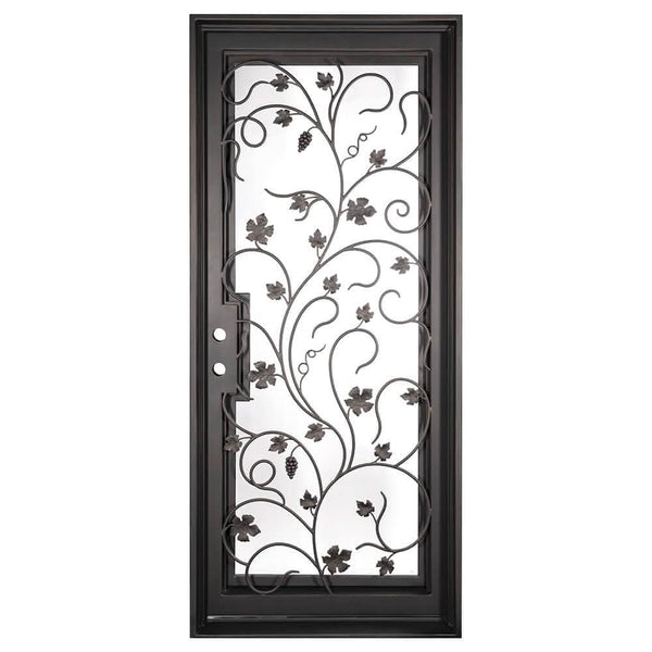 June Single flat top door with tempered glass and decorative metalwork.