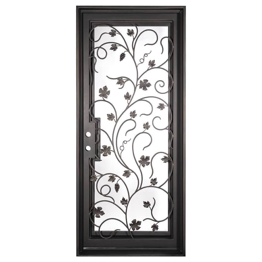 Single entryway door with a thick iron and steel frame and an intricate iron pattern in front of a full panel of glass. Door is thermally broken to protect from extreme weather.