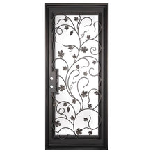 Load image into Gallery viewer, Single entryway door with a thick iron and steel frame and an intricate iron pattern in front of a full panel of glass. Door is thermally broken to protect from extreme weather.