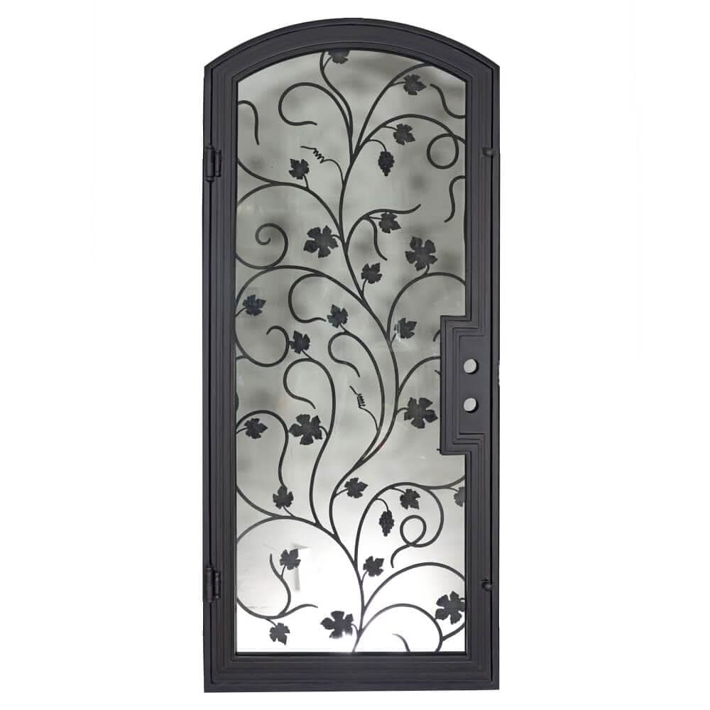 June single arch top door in black with decorative scrollwork.