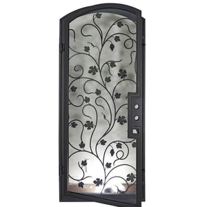 Single entryway door made with a thick iron and steel frame, a single full paned window behind an intricate iron design, and a slight arch on top. Door is thermally broken to protect from extreme weather.