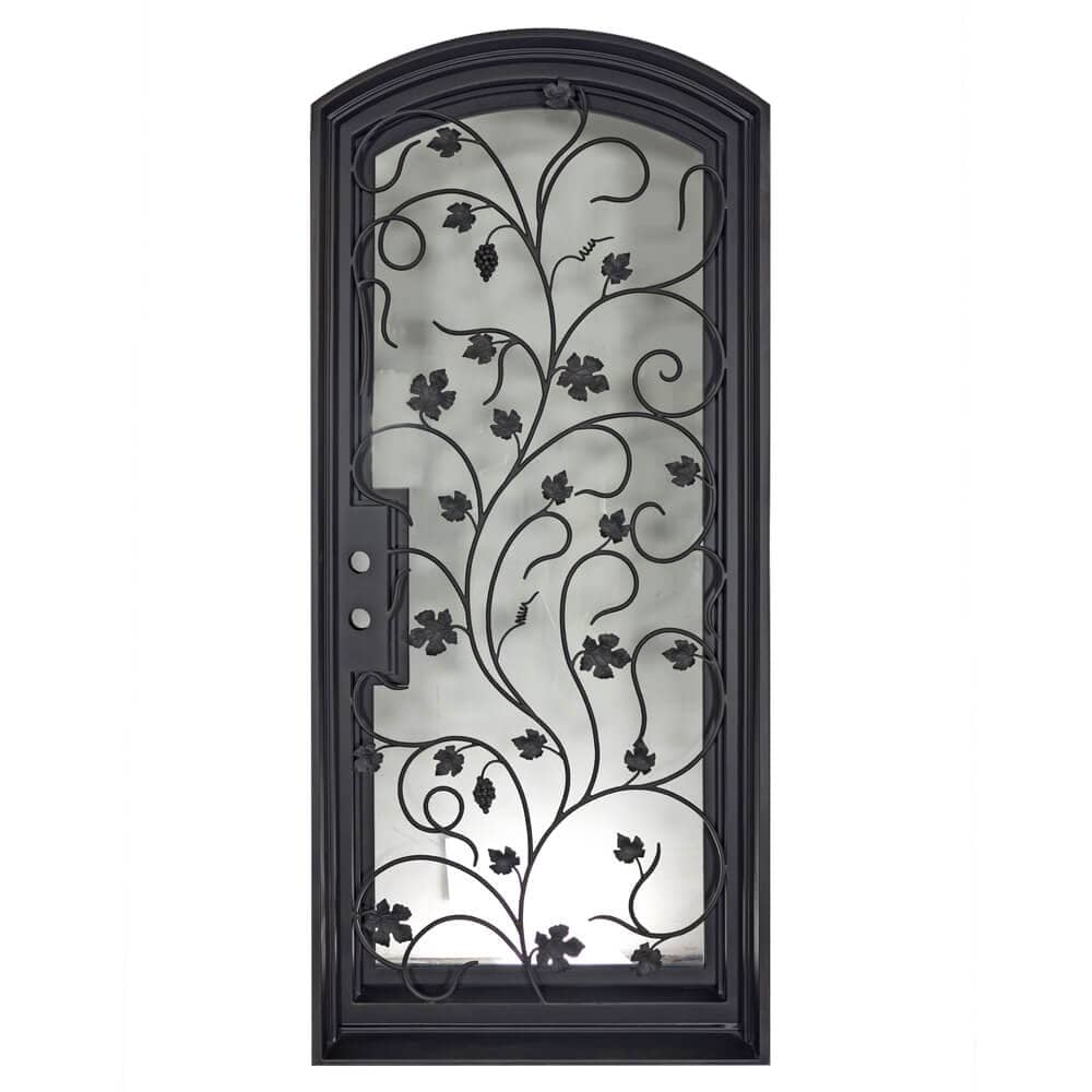 Single entryway door made with a thick iron and steel frame, a single full paned window behind an intricate iron design, and a slight arch on top. Door is thermally broken to protect from extreme weather.