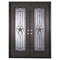 Double entryway doors with a thick iron and steel frame and a full length glass panel on each door behind an iron pattern with a large star in the center.