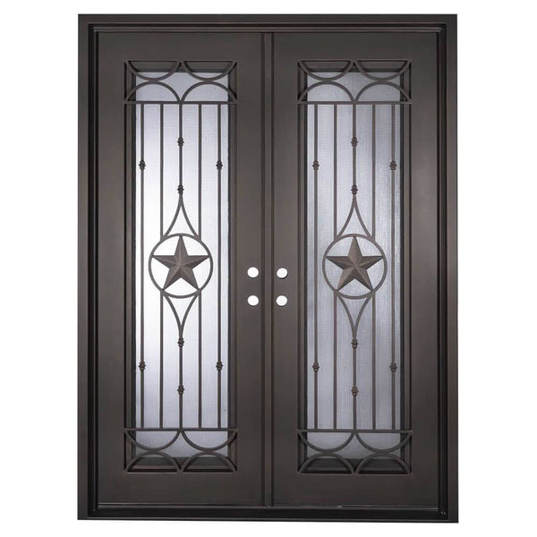 Lone Star bronze color metal double door with square top and tempered glass.