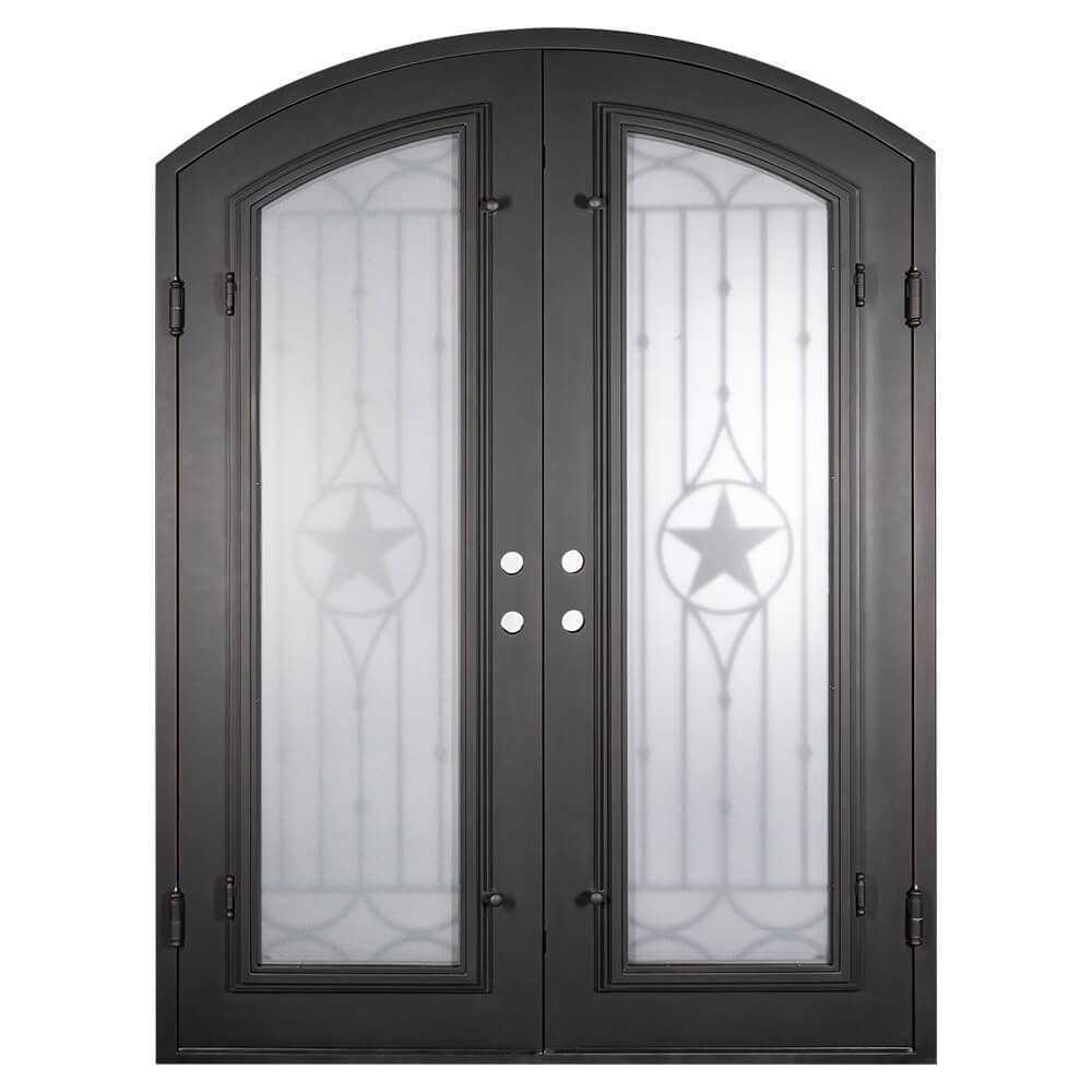 Lone Star bronze toned entry door with arched entry and glass.