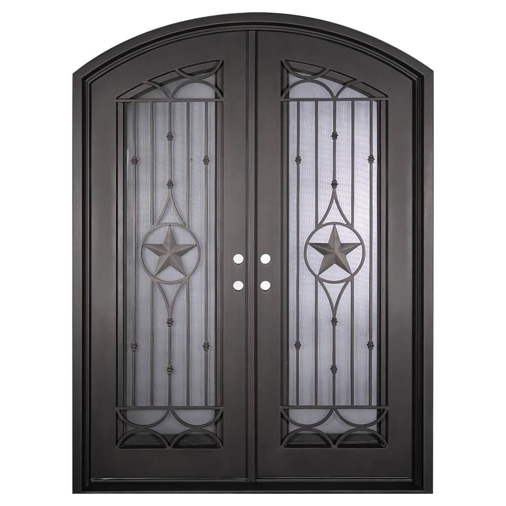 Double entryway doors with a thick iron and steel frame and a full length glass panel on each door behind an iron pattern with a large star in the center.