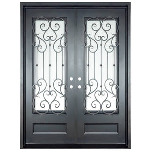 Double entryway doors made with a thick steel and iron frame. Doors have a 3/4 panel of glass behind an intricate iron design and are thermally broken to protect from extreme weather.