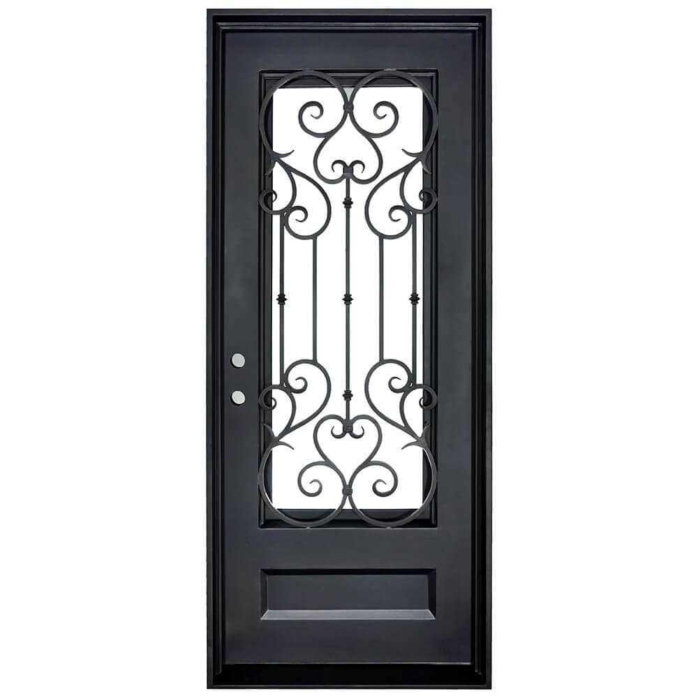 Single entryway door with a thick iron frame and intricate iron detailing behind a 3/4 pane of glass. Door is thermally broken to protect from extreme weather.