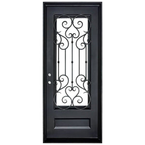Single entryway door with a thick iron frame and intricate iron detailing behind a 3/4 pane of glass. Door is thermally broken to protect from extreme weather.