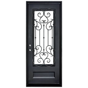 PINKYS New York single flat ornate and meticulously designed single iron door With a gorgeous rectangular bottom panel and scrollwork