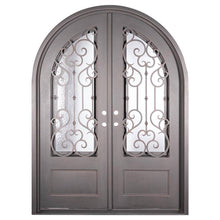 Load image into Gallery viewer, Double entryway doors made with a thick steel and iron frame. Doors have a 3/4 panel of glass behind an intricate iron design and feature a full arch on top. Doors are thermally broken to protect from extreme weather.