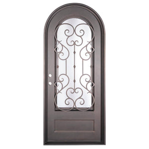 Single entryway door with a thick iron and steel frame and a full pane of glass behind intricate iron detailing.