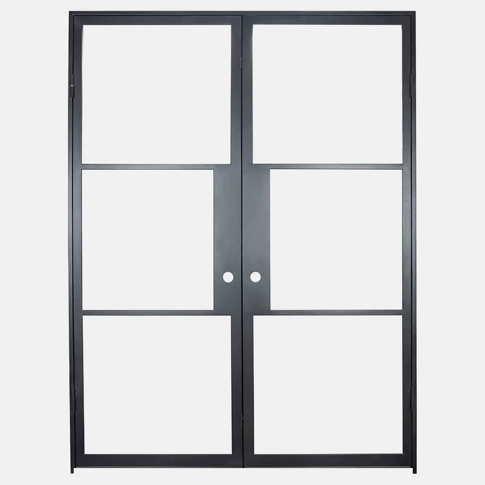 Double Flat Black Steel Door with Removable Threshold for entry doors, patio and french doors. Comes with Polyurethane dual foam weather stripping inside each frame, and 3 tempered single pane glass on each door - PINKYS