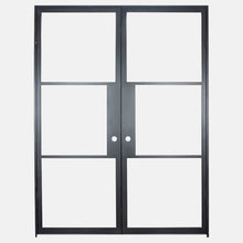 Load image into Gallery viewer, Double Flat Black Steel Door with Removable Threshold for entry doors, patio and french doors. Comes with Polyurethane dual foam weather stripping inside each frame, and 3 tempered single pane glass on each door - PINKYS