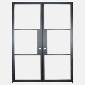 Double Flat Black Steel Door with Removable Threshold for entry doors, patio and french doors. Comes with Polyurethane dual foam weather stripping inside each frame, and 3 tempered single pane glass on each door - PINKYS