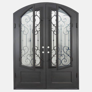 Double entryway doors made with a thick steel and iron frame. Doors have a slight arch and a 3/4 panel of glass behind an intricate iron design. Doors are thermally broken to protect from extreme weather.