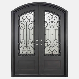 Double entryway doors made with a thick steel and iron frame. Doors have a slight arch and a 3/4 panel of glass behind an intricate iron design. Doors are thermally broken to protect from extreme weather.