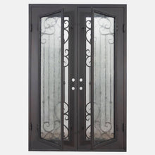 Load image into Gallery viewer, PINKYS Paris Double Flat Iron Doors with ascending iron vertical bars create the perfect linear contrast amidst the organic scrollwork of the Paris