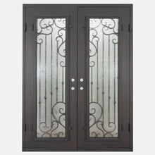 Load image into Gallery viewer, Double entryway doors with a thick iron frame. Doors feature a full panel of glass behind iron detailing and are thermally broken to protect from extreme weather.