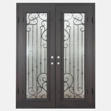 Load image into Gallery viewer, PINKYS Paris Double Flat Iron Doors with ascending iron vertical bars create the perfect linear contrast amidst the organic scrollwork of the Paris