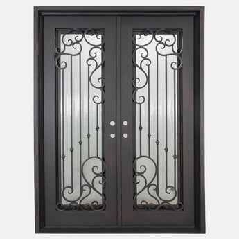 PINKYS Paris Double Flat Iron Doors with ascending iron vertical bars create the perfect linear contrast amidst the organic scrollwork of the Paris