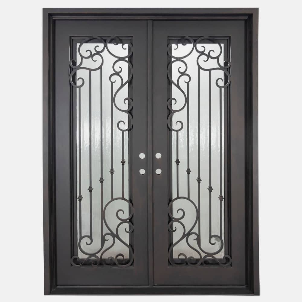 Double entryway doors with a thick iron frame. Doors feature a full panel of glass behind iron detailing and are thermally broken to protect from extreme weather.