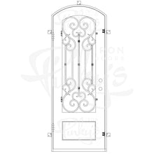 Load image into Gallery viewer, Single entryway door with a thick iron frame, intricate iron detailing behind a 3/4 pane of glass, and a slight arch. Door is thermally broken to protect from extreme weather.