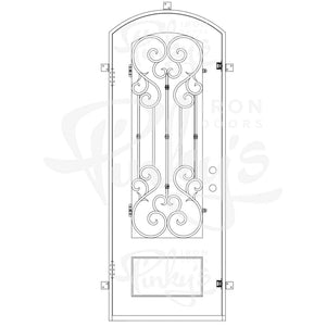 Single entryway door with a thick iron frame, intricate iron detailing behind a 3/4 pane of glass, and a slight arch. Door is thermally broken to protect from extreme weather.