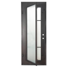 Load image into Gallery viewer, Single entryway door made with a thick iron and steel frame and a slight arch. Door features a full length panel of glass behind iron detailing.