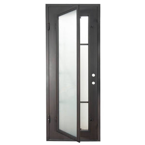 Single entryway door made with a thick iron and steel frame and a slight arch. Door features a full length panel of glass behind iron detailing.