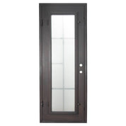 Hollywood Black exterior iron flat top single door with operable glass panel.