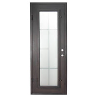Single entryway door made with a thick iron and steel frame and a slight arch. Door features a full length panel of glass behind iron detailing.