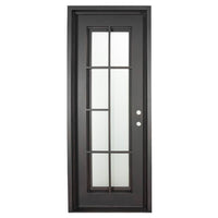 Single entryway door made with a thick iron and steel frame and a slight arch. Door features a full length panel of glass behind iron detailing.