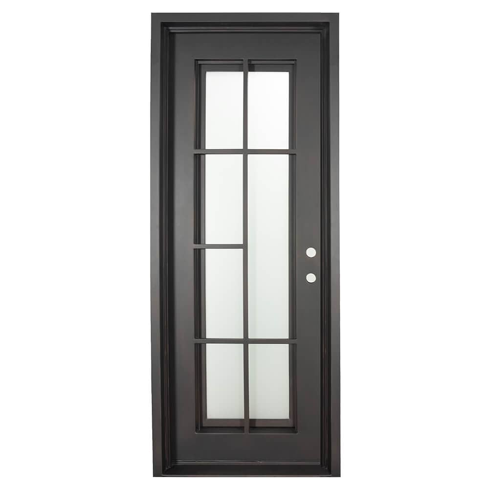 Single entryway door made with a thick iron and steel frame. Door features a full length panel of glass behind iron detailing and is thermally broken to protect from extreme weather.