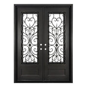 Night bronze color iron double flat hinged door with thick glass.