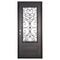 Single entryway door with a thick iron frame and intricate iron detailing behind a 3/4 pane of glass. Door features a slight arch and is thermally broken to protect from extreme weather.