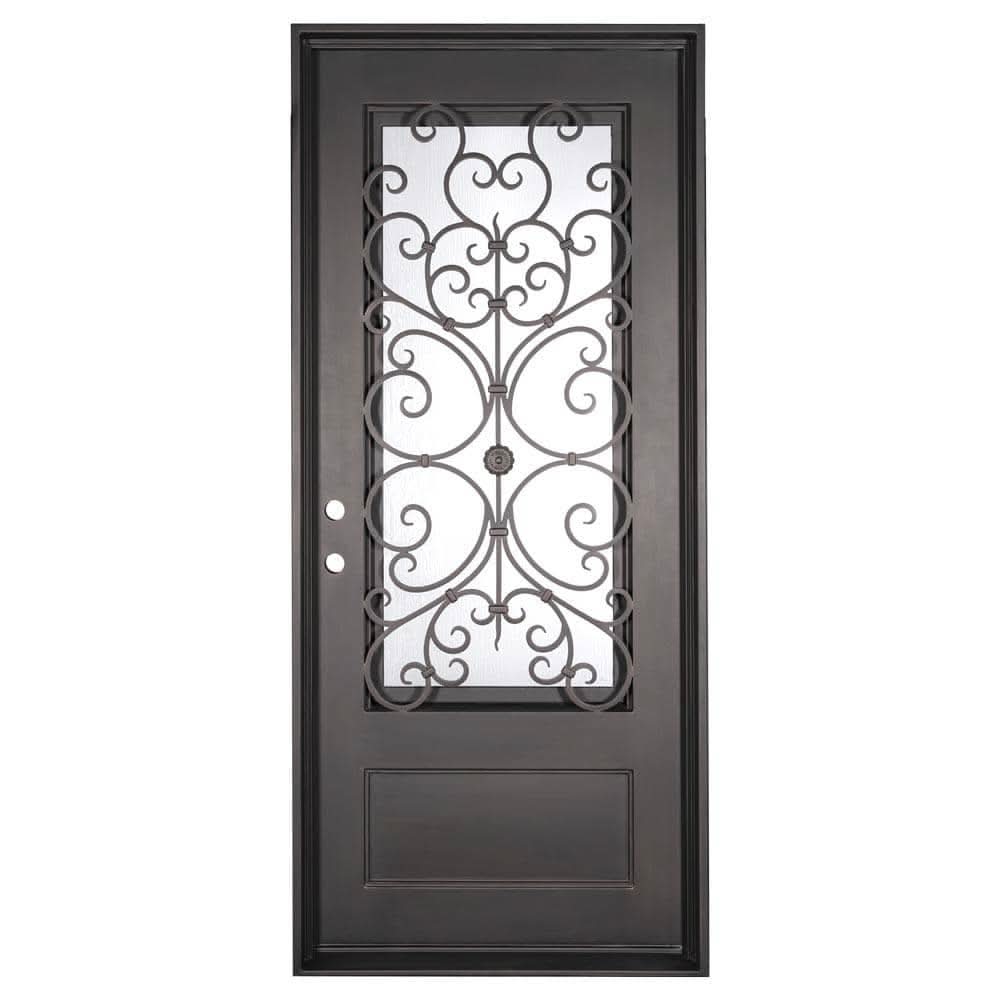 Single entryway door with a thick iron frame and intricate iron detailing behind a 3/4 pane of glass. Door features a slight arch and is thermally broken to protect from extreme weather.