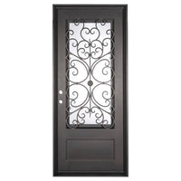 Double entryway doors with a thick iron and steel frame and a full pane of glass behind intricate iron detailing.