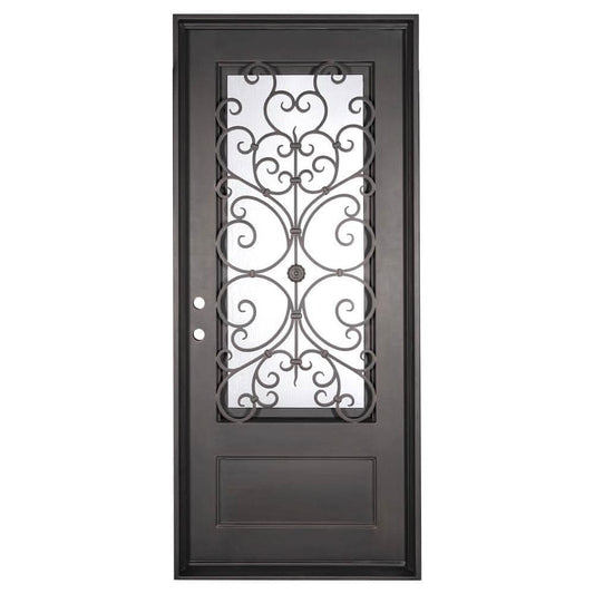 Double entryway doors with a thick iron and steel frame and a full pane of glass behind intricate iron detailing.