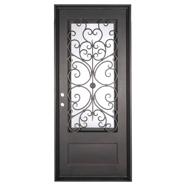 Night Black cold rolled metal exterior single flat top door with glass panel.